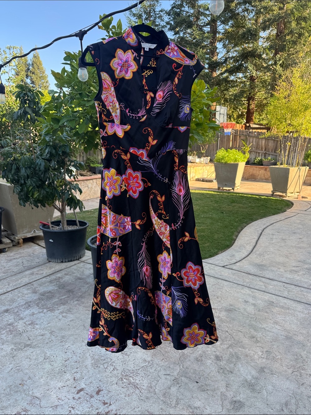 Trina Turk Black Midi Dress with Pink & Purple Floral Motif